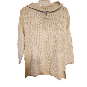 Vintage Aran Crafts Ireland Small Cream Cardigan Sweater, Zip Front Merino Wool